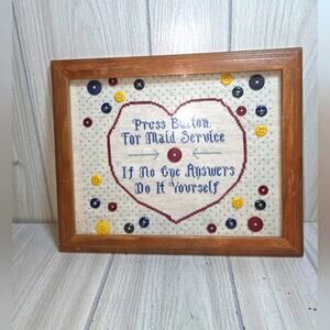 Vintage 90s Framed Cross-Stitch Press Button For Maid Service Wall Art